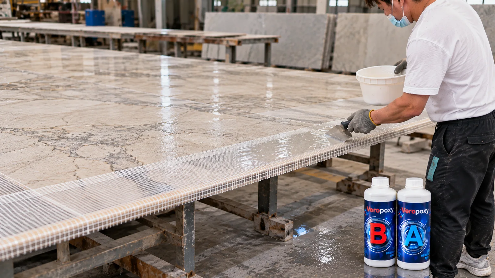 Epoxy mastic application for marble and granite mesh backing