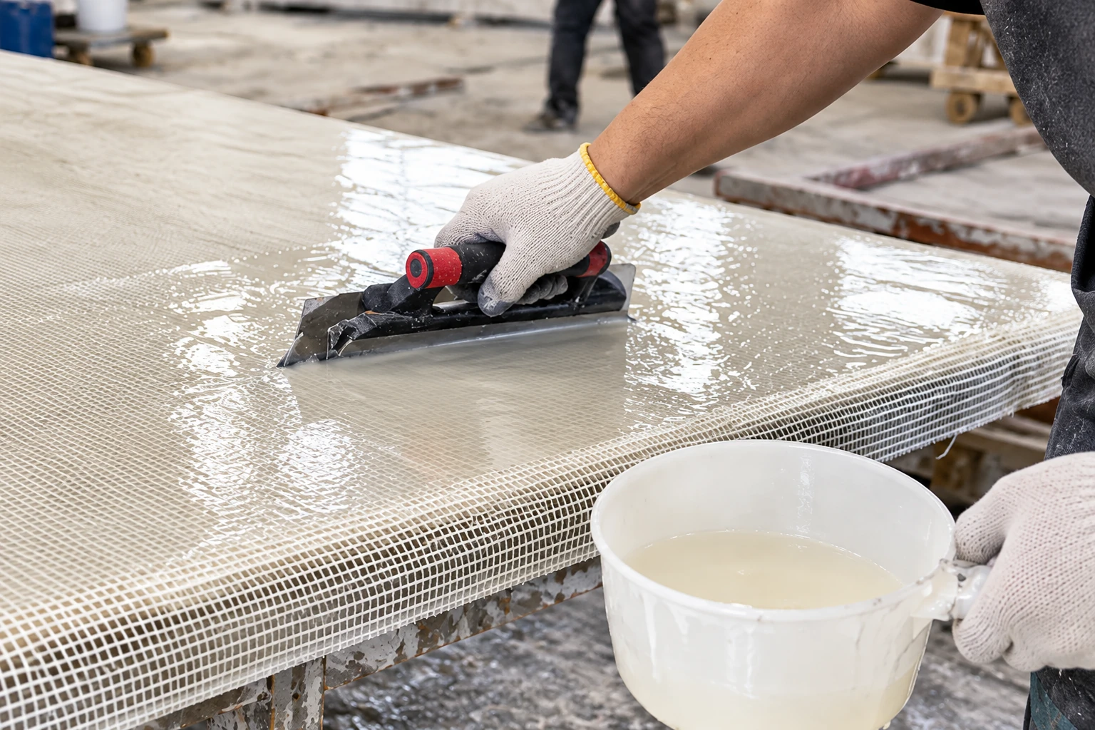 Marble slab fiberglass mesh backing with epoxy resin