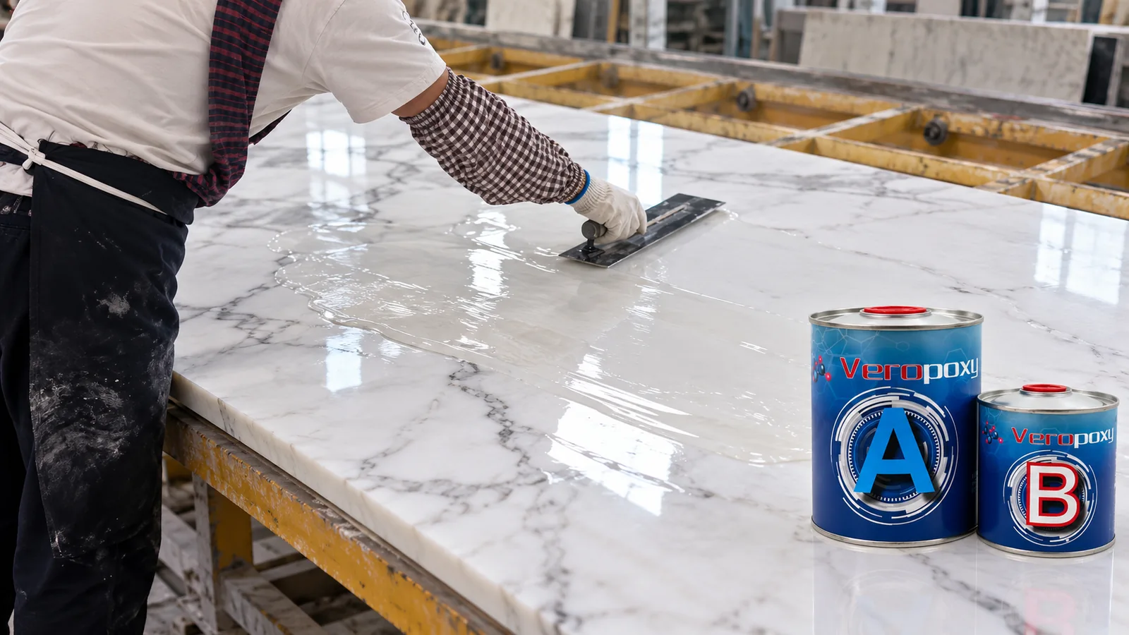 Non-yellowing epoxy application for white marble