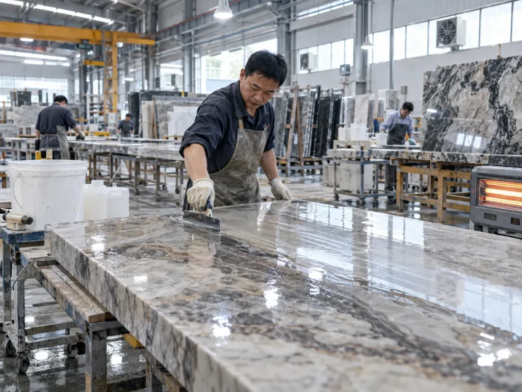 Epoxy resin curing during stone mesh backing application in a stone factory