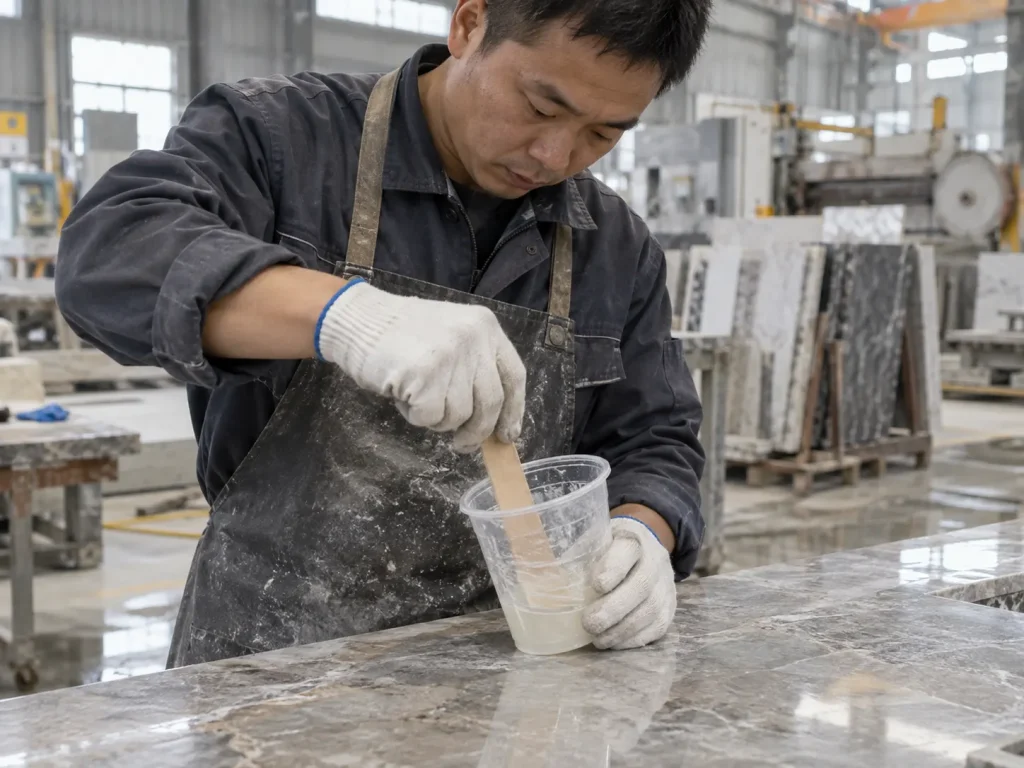 Worker thoroughly mixing epoxy resin and hardener for stone processing