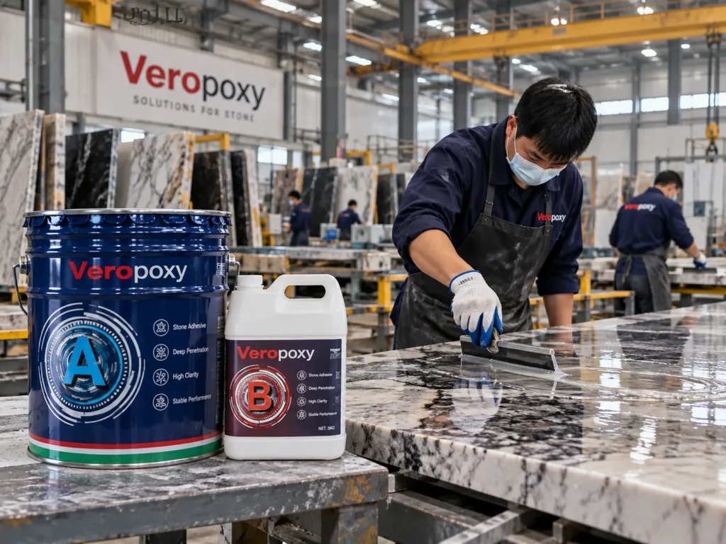 Veropoxy epoxy resin viscosity application for marble and granite stone processing