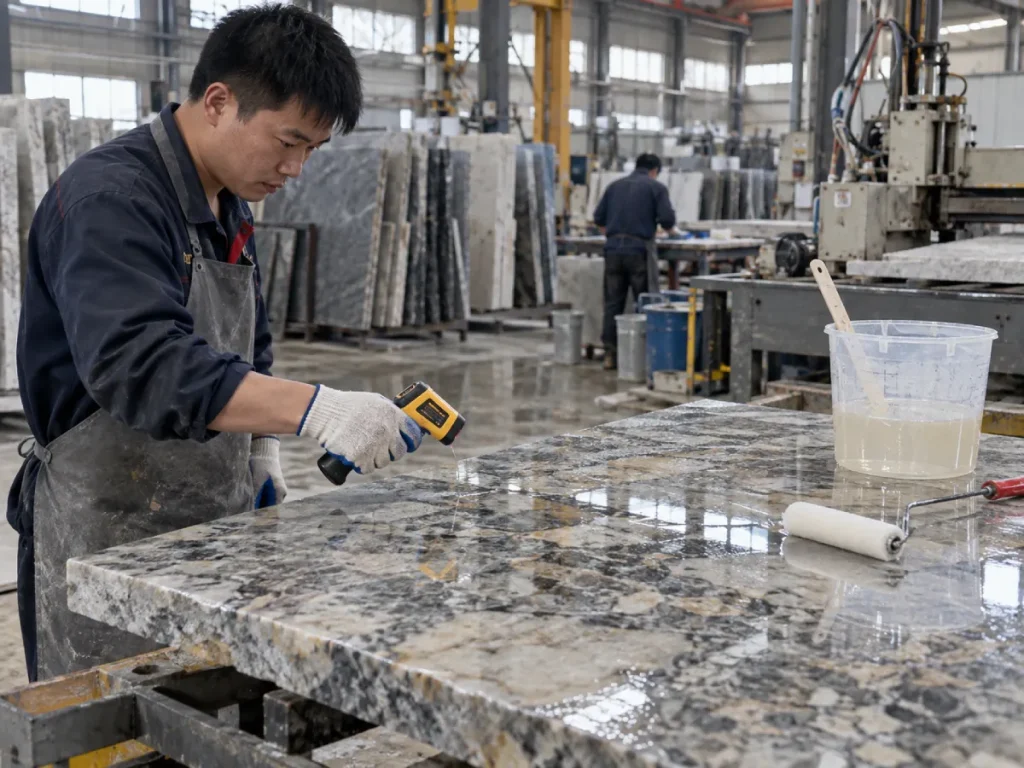 Worker checking stone surface temperature before epoxy resin curing