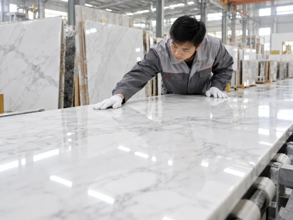 Worker inspecting white marble after epoxy treatment for color stability and surface quality