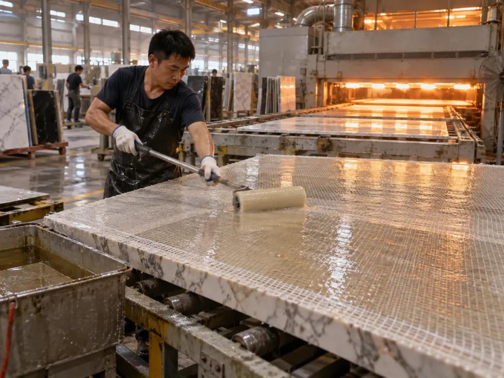 Worker applying high-temperature epoxy for stone mesh backing on a heated production line