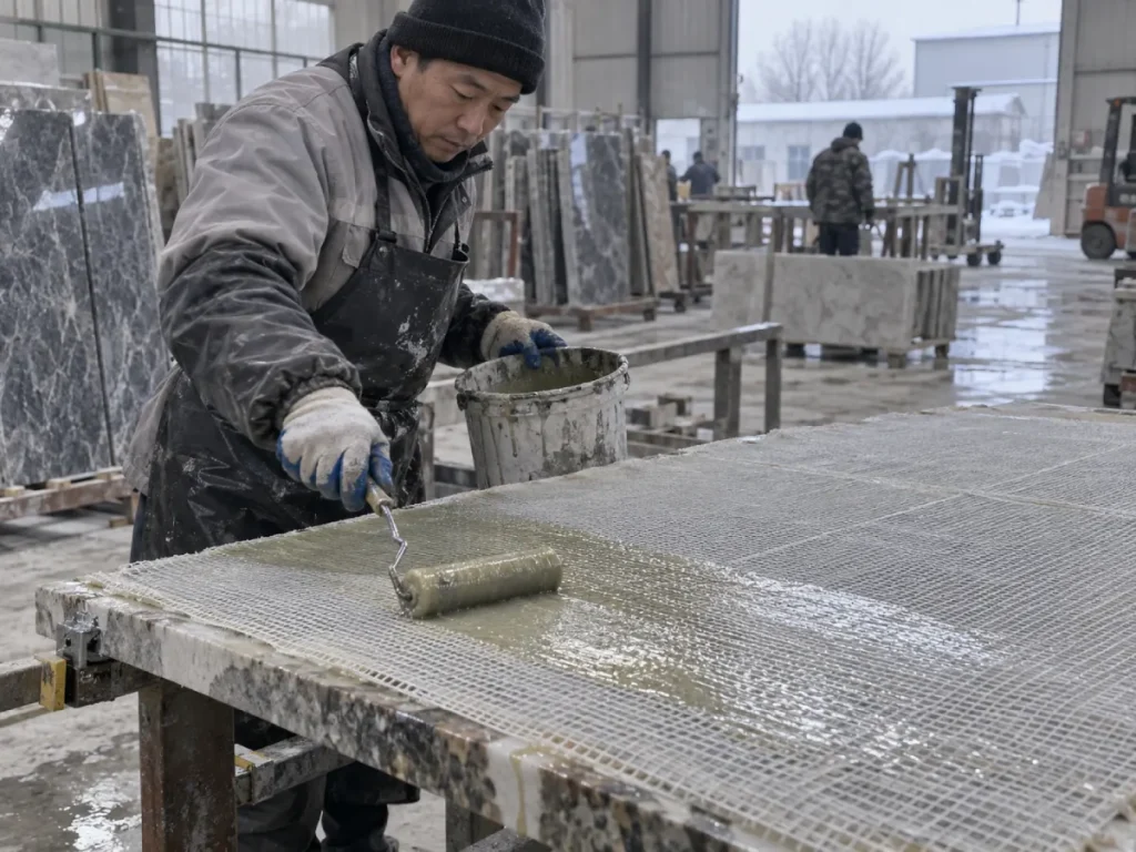 Worker applying low-temperature epoxy for stone mesh backing in a cold winter workshop