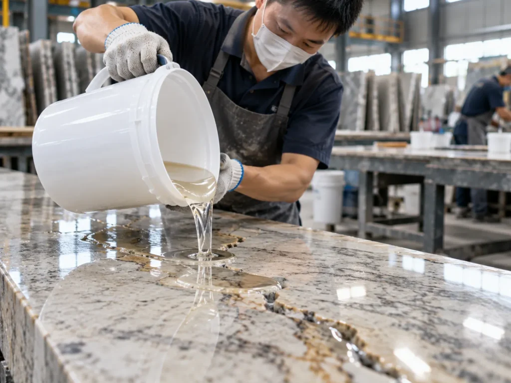 Low-viscosity epoxy resin penetrating cracks in a stone slab during factory processing