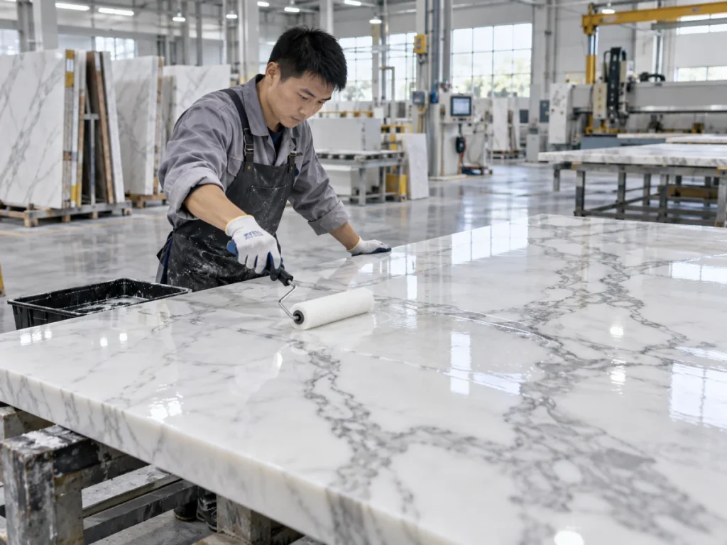 Applying low-yellowing epoxy resin evenly across a white marble slab in a stone factory