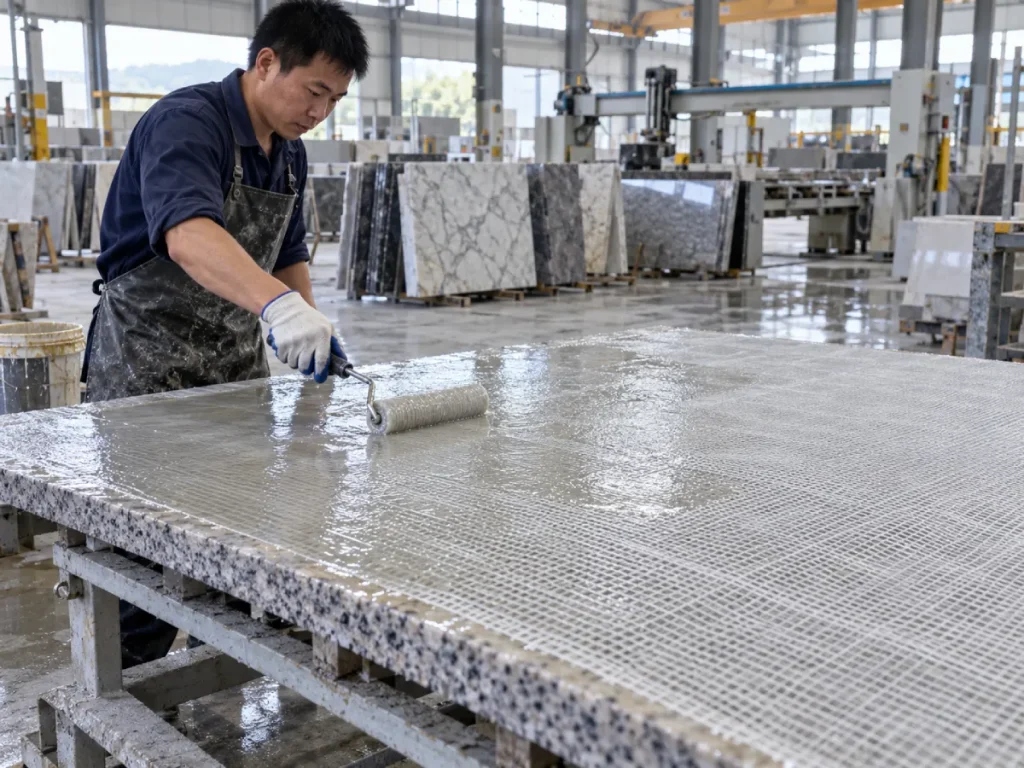 Stone mesh backing epoxy applied to a marble slab during factory production