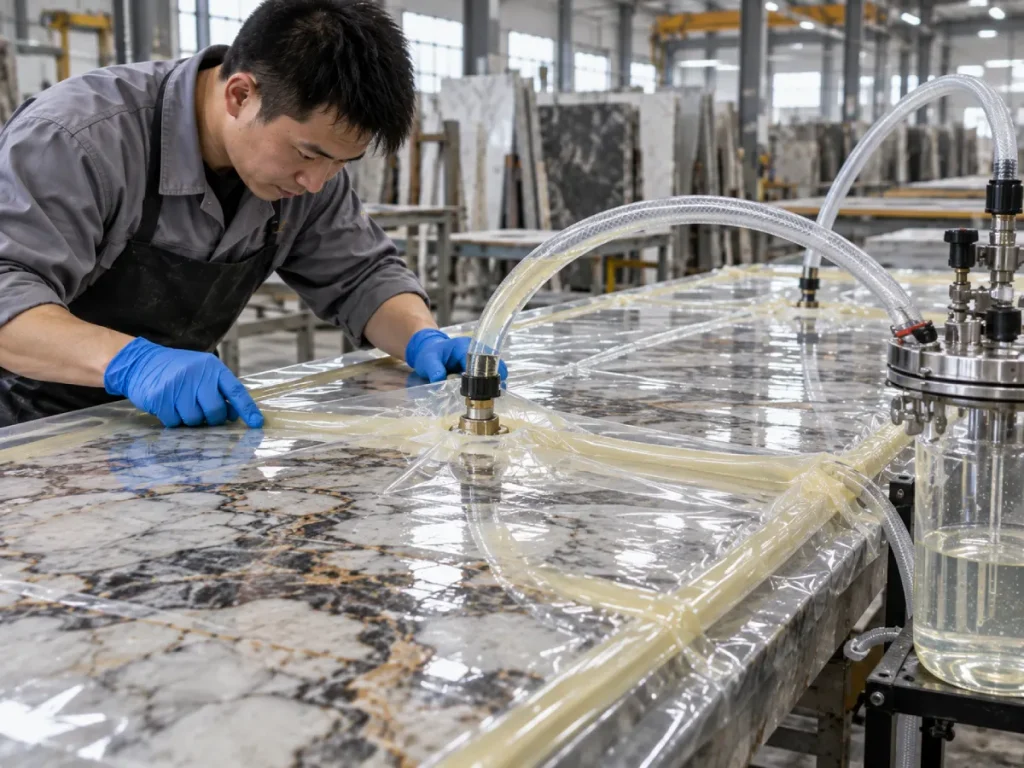 Worker inspecting epoxy flow during vacuum infusion of a stone slab