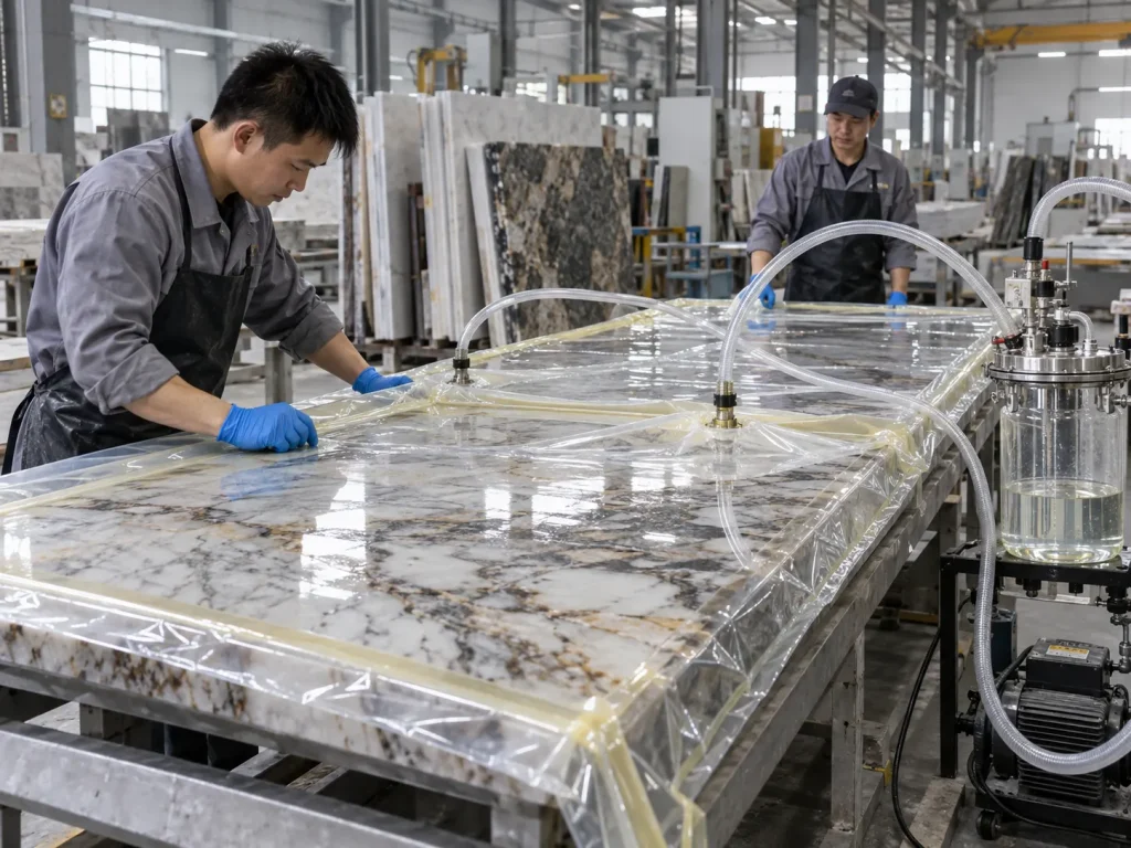 Vacuum infusion epoxy process used to reinforce marble and granite stone slabs in a factory