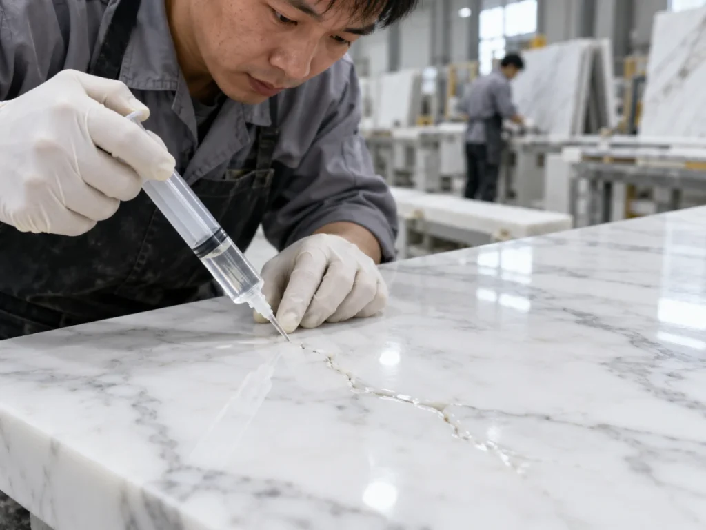 Clear epoxy resin injected into a crack in white marble for controlled repair and penetration